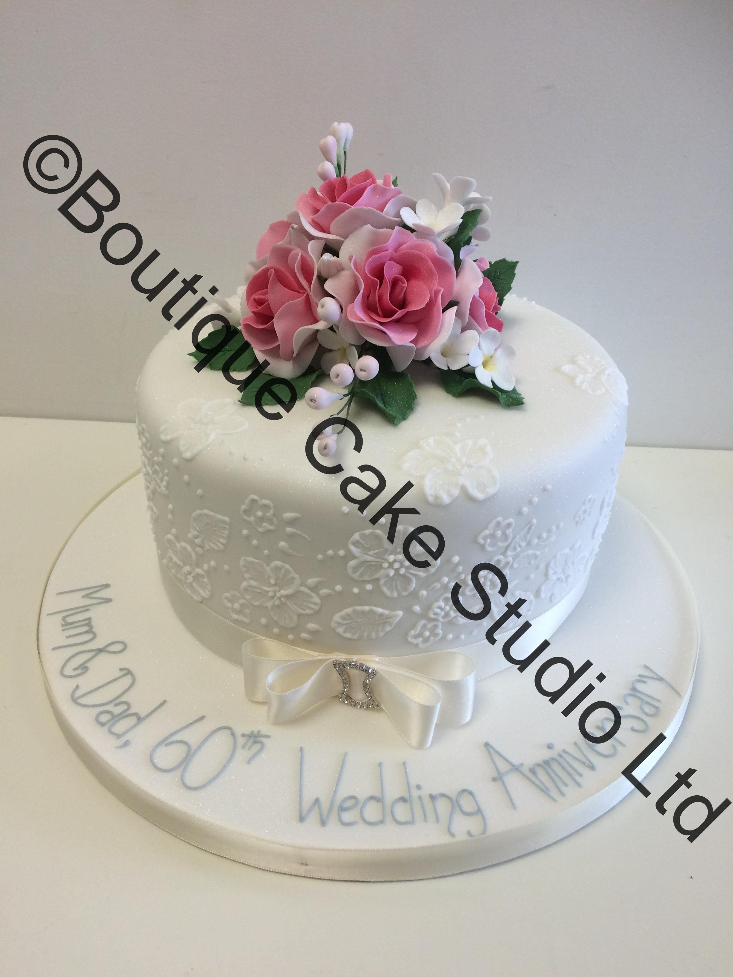 Diamond Wedding Cake with Brush Embroidery and Sugar Flowers