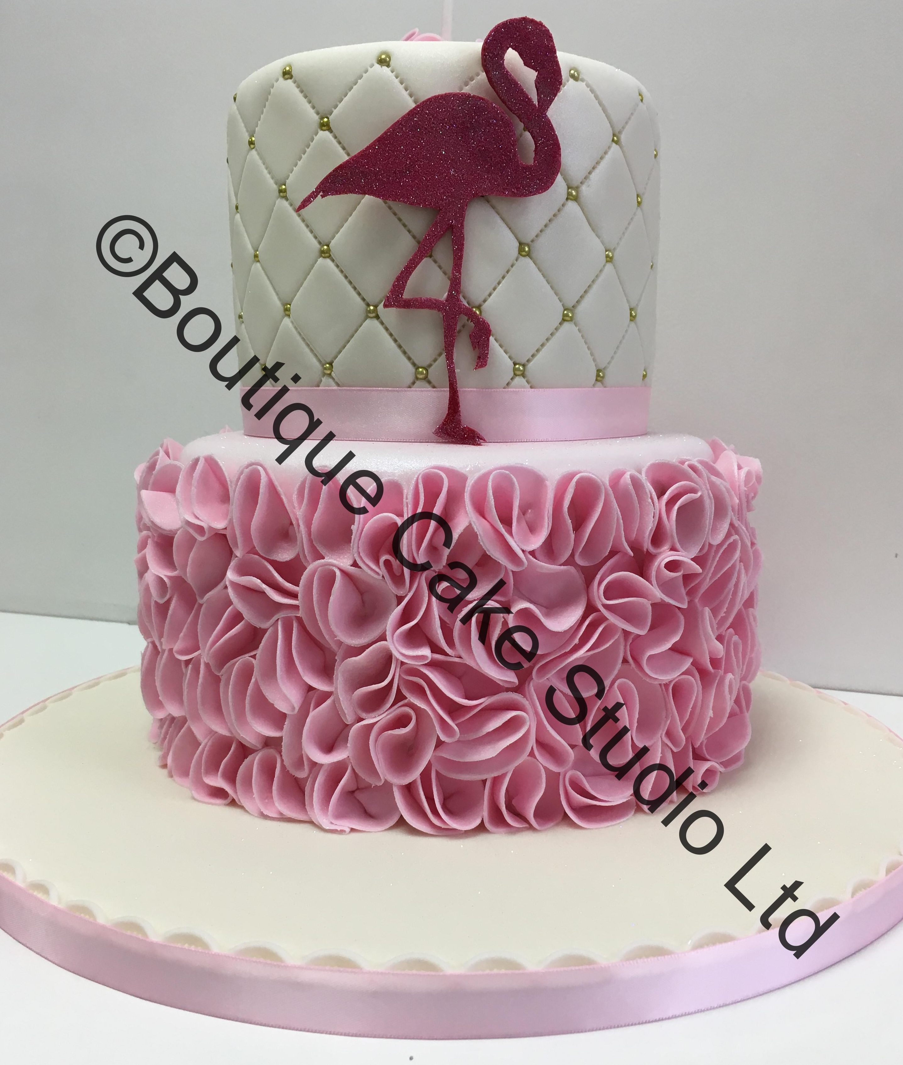 Stacked Flamingo Cake with petal ruffle and trellis