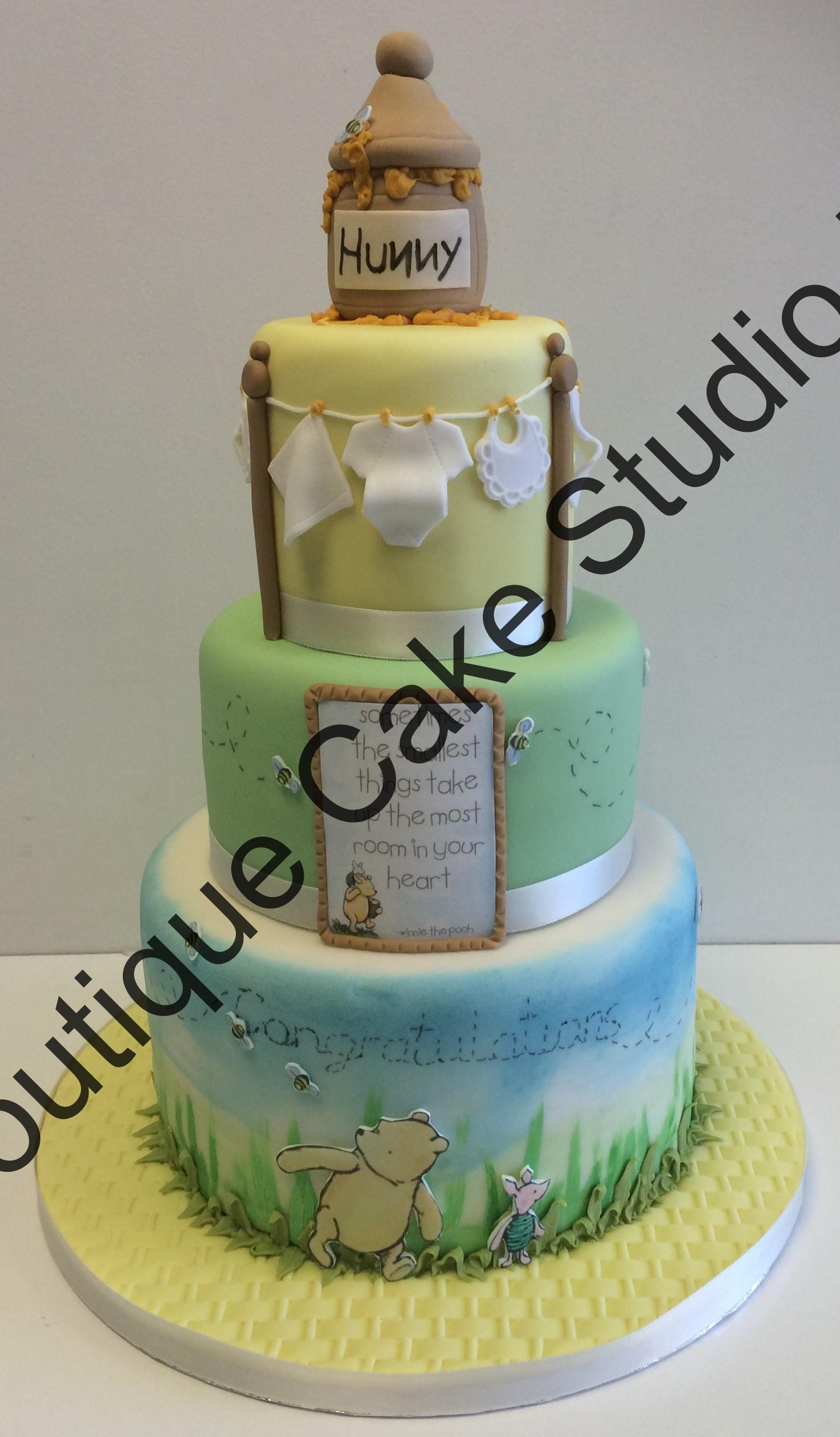 Winnie the Pooh Stacked Cake with Hunny Pot Baby Shower Cake