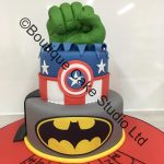 Stacked Superhero cake with spiderweb board