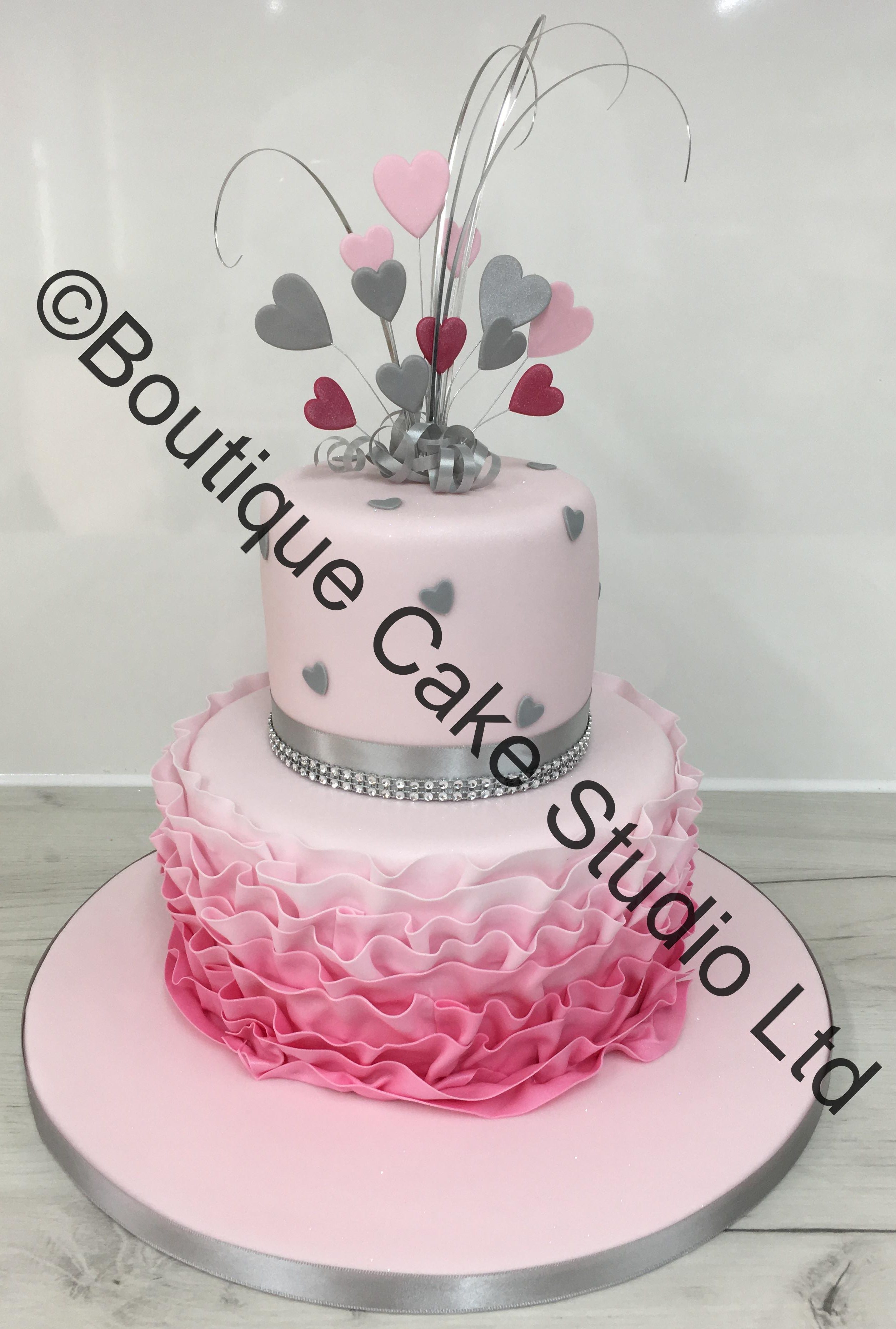 Ombre Pink Ruffle Stacked Cake with Hearts