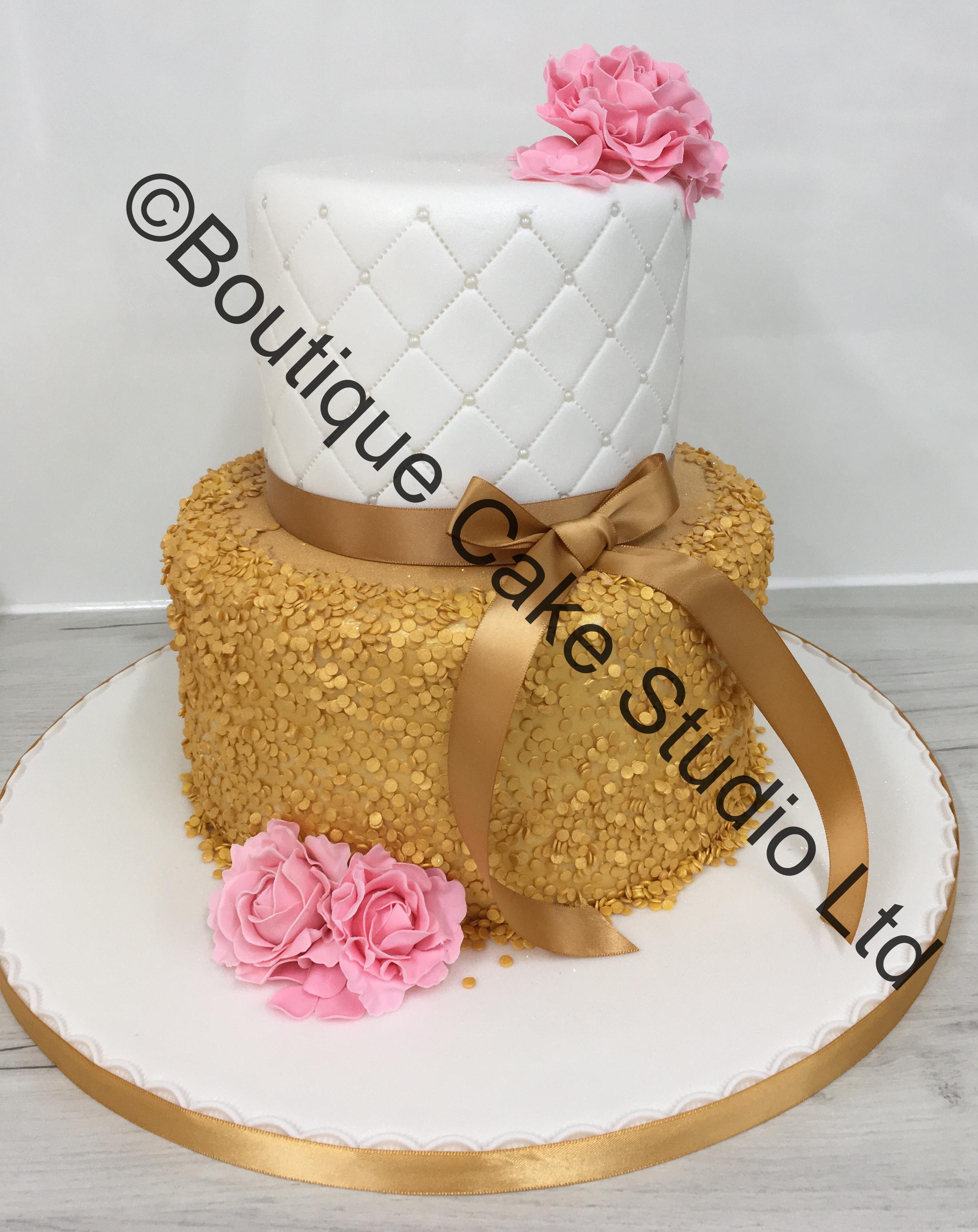 Gold and Cream Stacked Cake with Trellis and Sugar Flowers