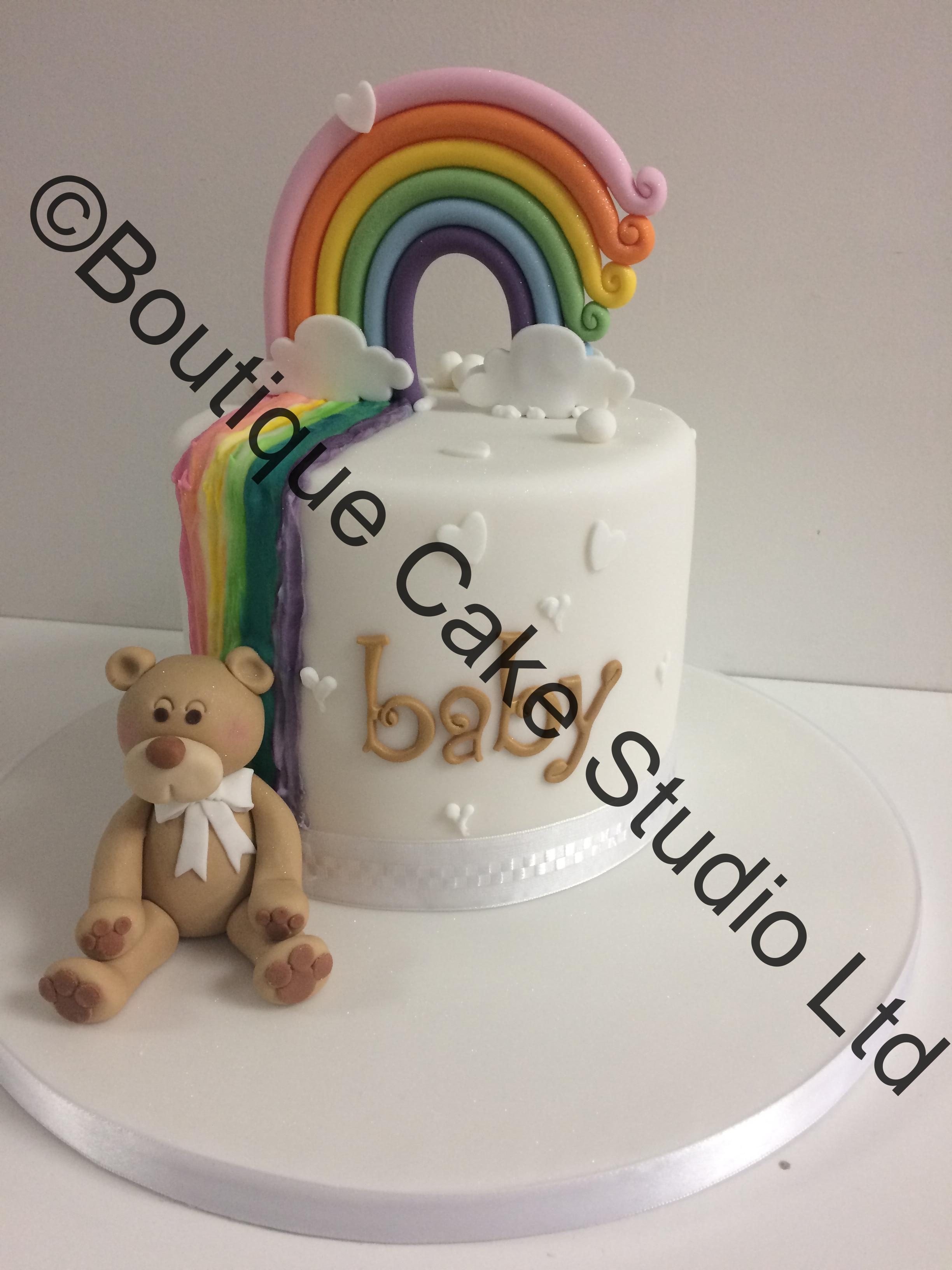 Extra Height Baby Shower Cake with Rainbow and Teddy