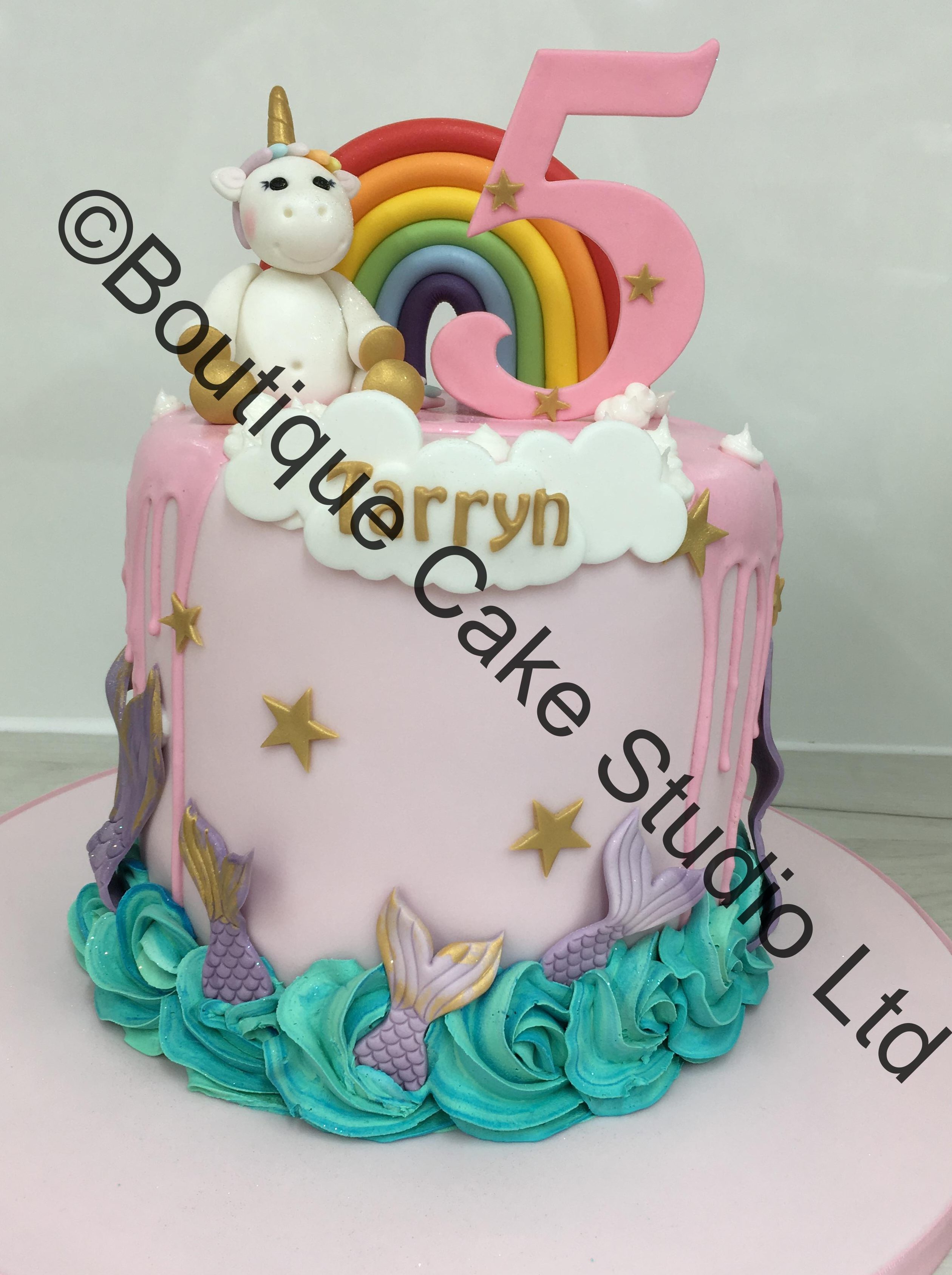 Unicorn Model, Rainbow and Mermaid Tail Cake