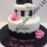 Black and white Stacked Cake with pink flowers