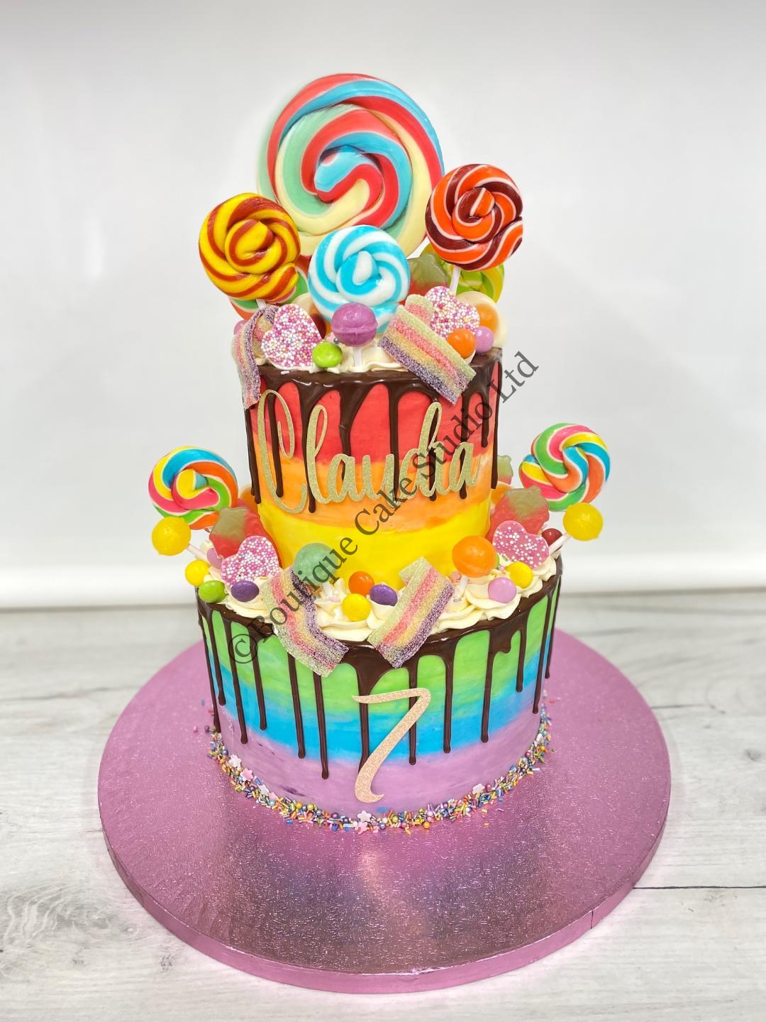 Rainbow Drip Cake with Lollipops