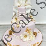 Baby Pink Stacked Cake with Pearls and Flowers
